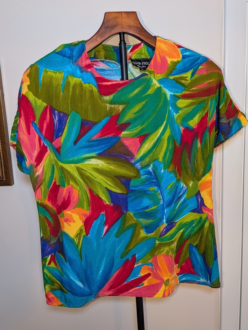 Ellen Figg Tropical Floral Blouse Size 12 Bright Colorful Short Sleeve Top